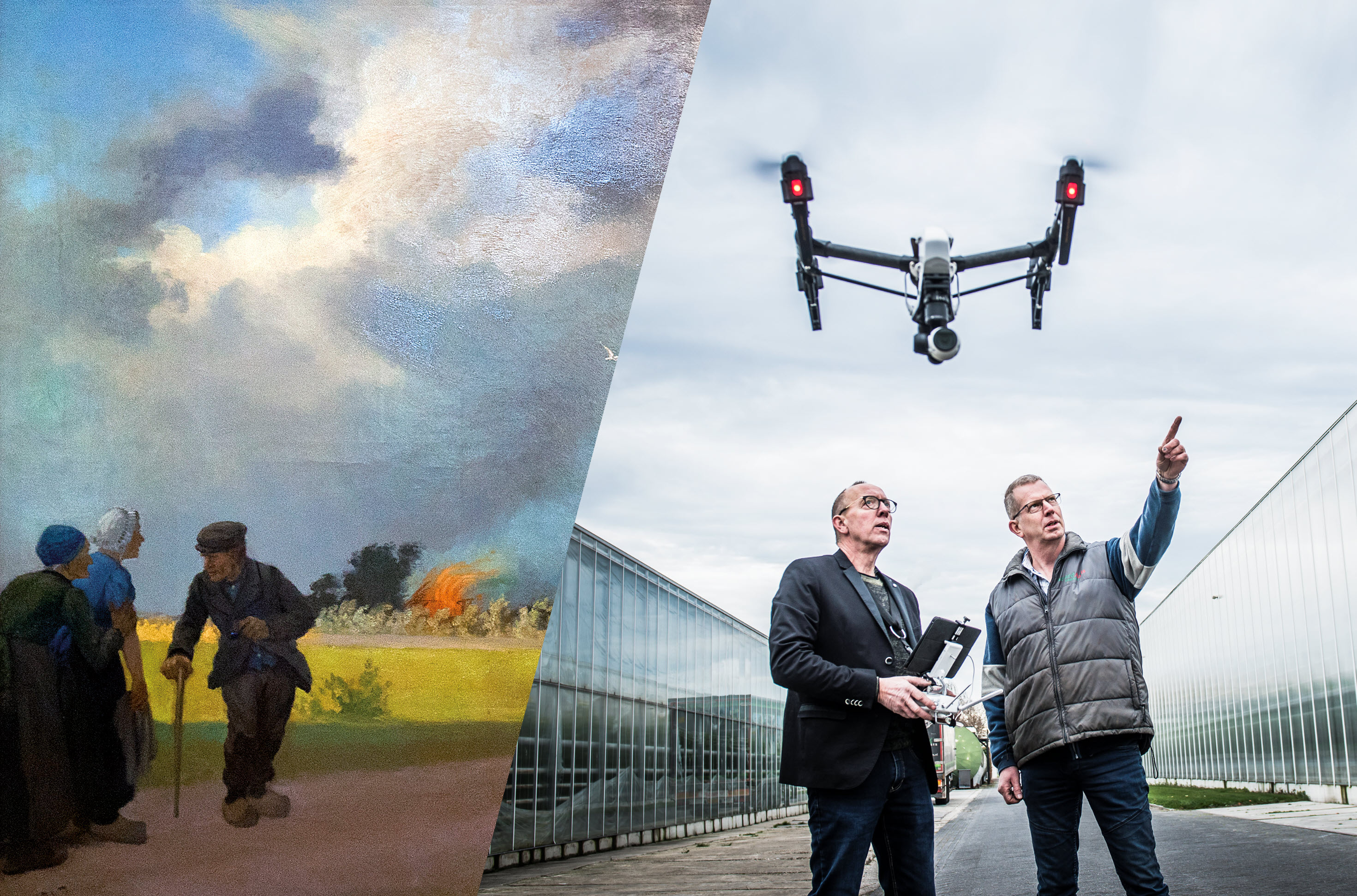 Van Achlum naar nu - oud schilderij van een brand in Achlum naar het gebruik van drones tegenwoordig
